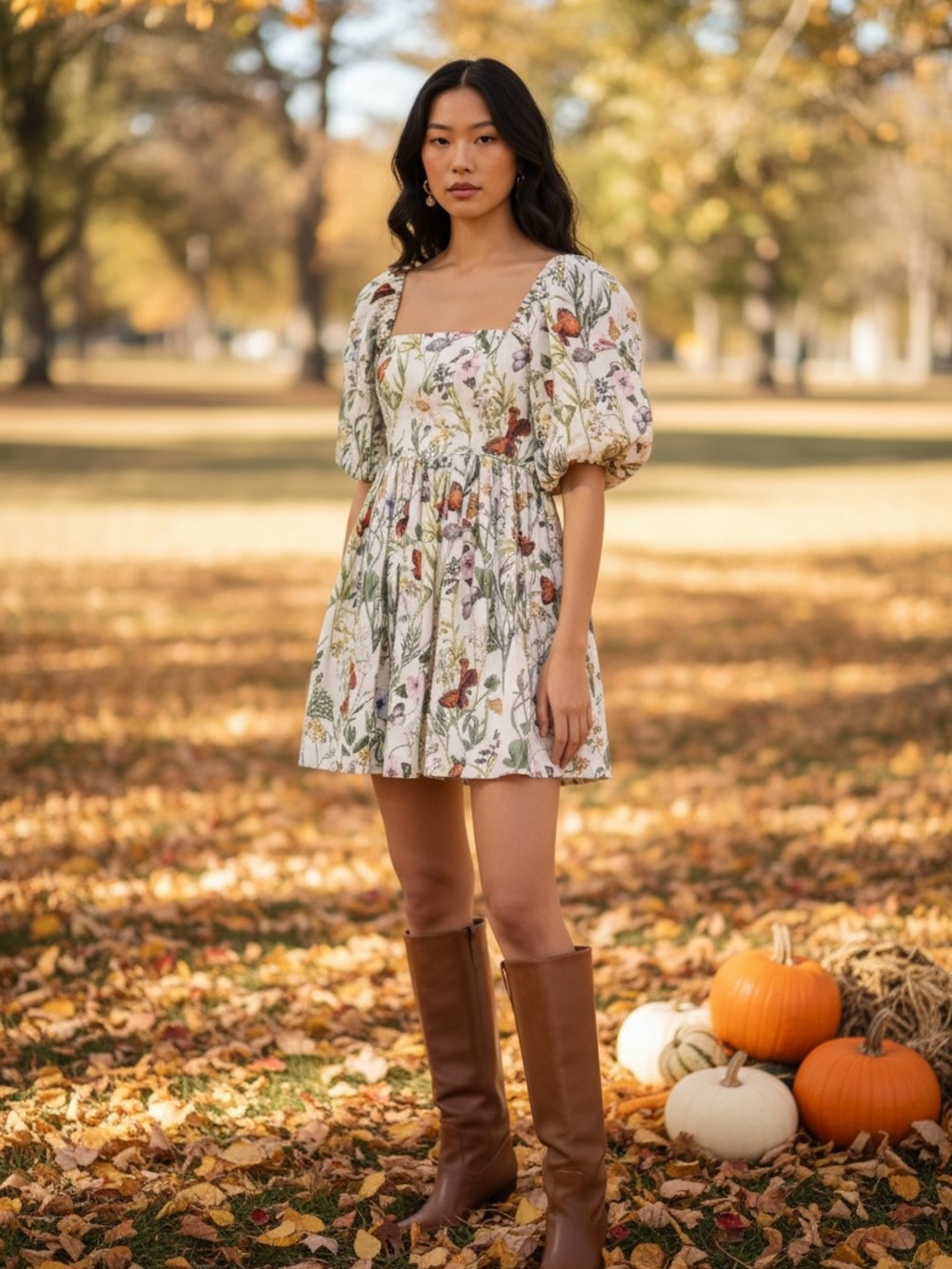 AVEC LES FILLES Floral Puff Sleeve Linen Blend Mini Dress Butterfly Flower S